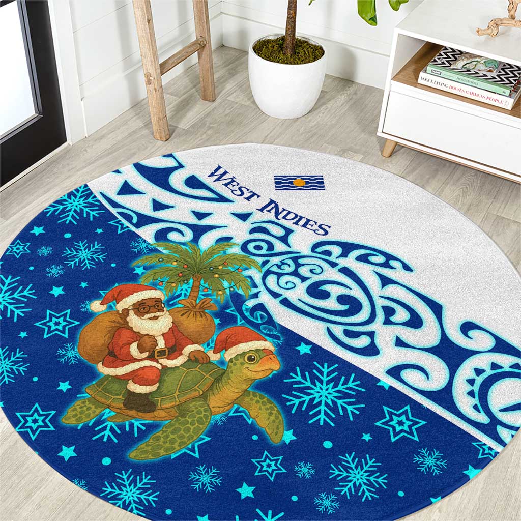 West Indies Christmas Round Carpet with Santa Riding Turtle Palm Tree and Tribal Snowflake Design - Wonder Print Shop