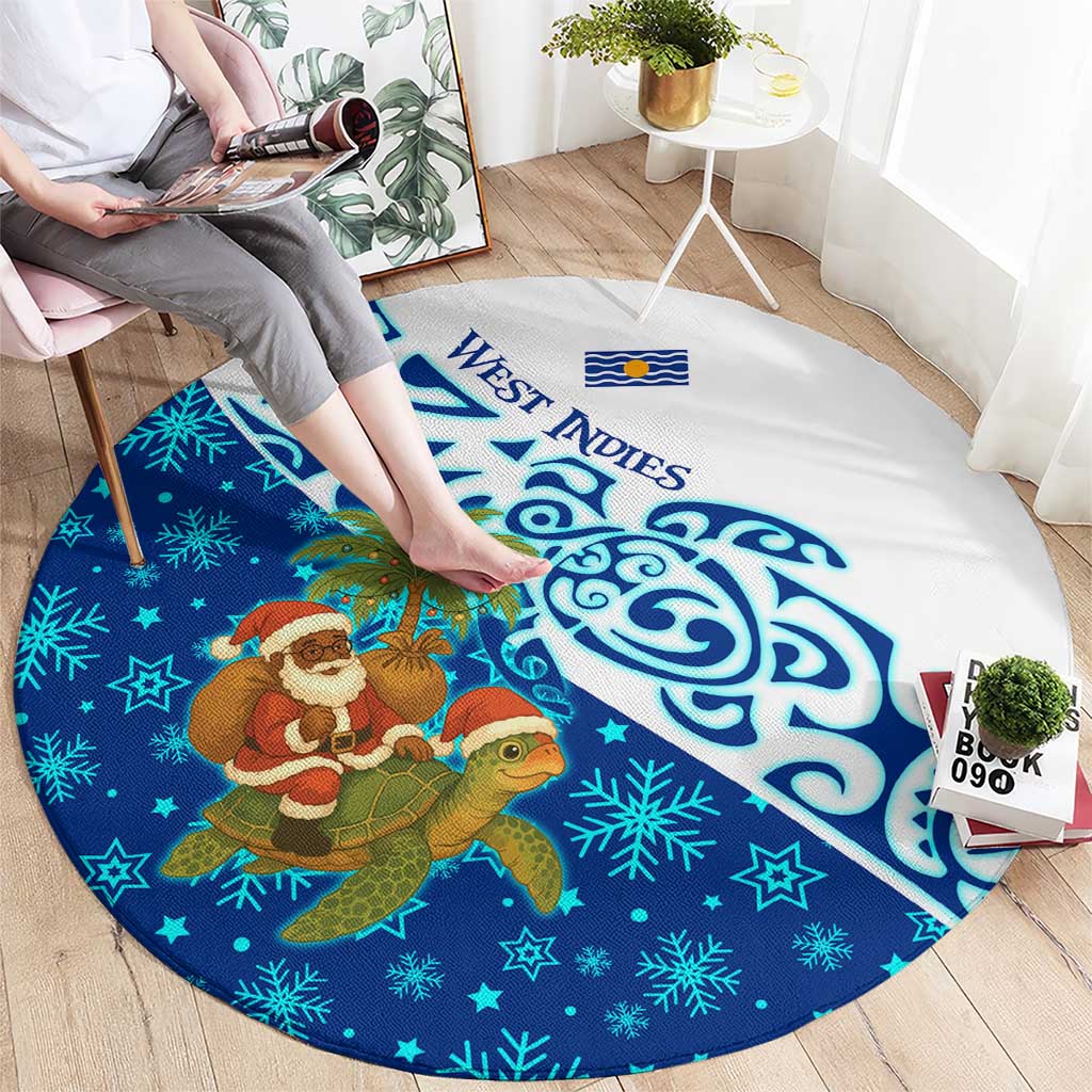 West Indies Christmas Round Carpet with Santa Riding Turtle Palm Tree and Tribal Snowflake Design - Wonder Print Shop