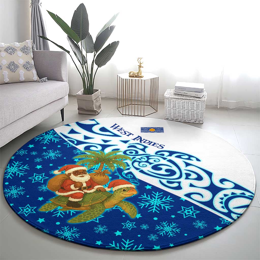 West Indies Christmas Round Carpet with Santa Riding Turtle Palm Tree and Tribal Snowflake Design - Wonder Print Shop
