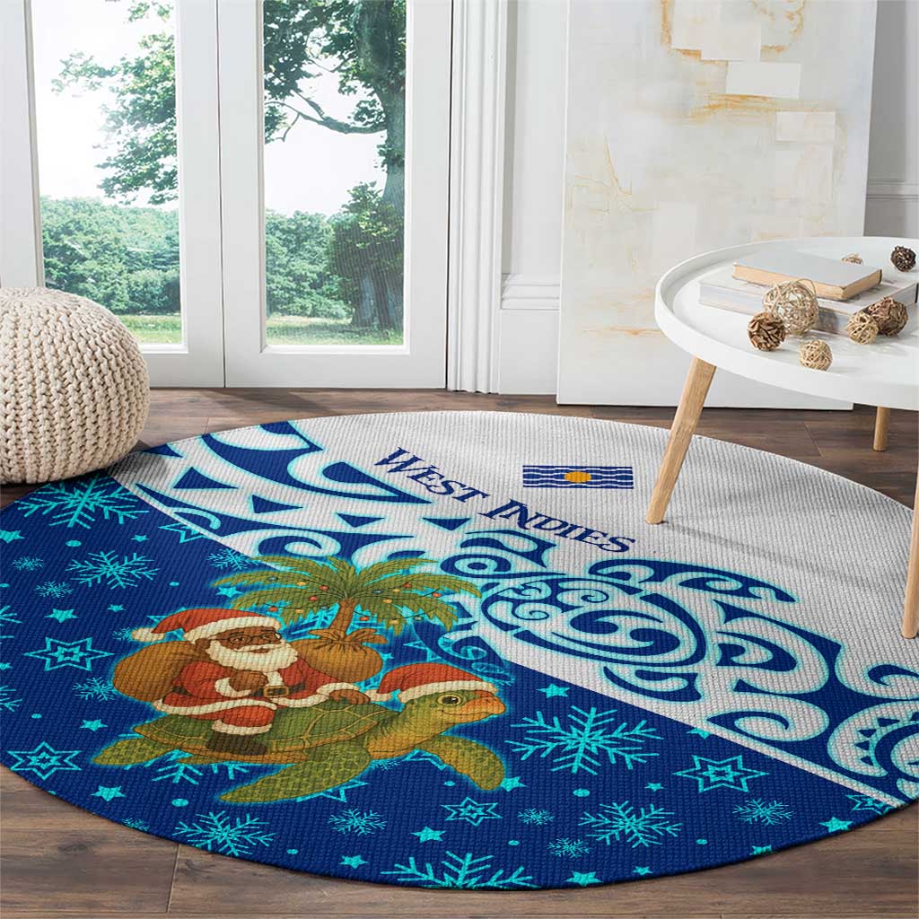 West Indies Christmas Round Carpet with Santa Riding Turtle Palm Tree and Tribal Snowflake Design - Wonder Print Shop