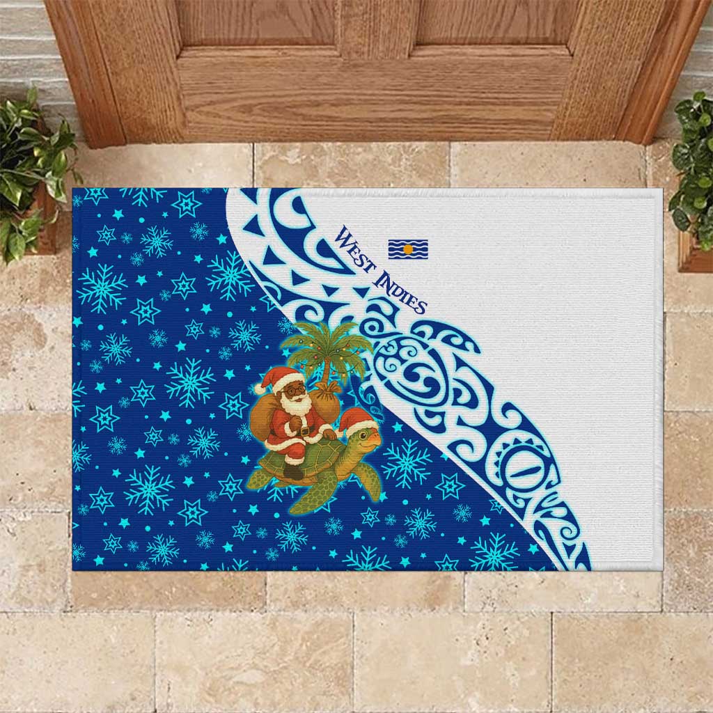 West Indies Christmas Rubber Doormat with Santa Riding Turtle Palm Tree and Tribal Snowflake Design - Wonder Print Shop
