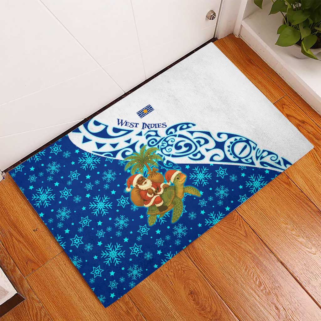 West Indies Christmas Rubber Doormat with Santa Riding Turtle Palm Tree and Tribal Snowflake Design - Wonder Print Shop