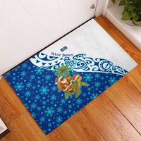 West Indies Christmas Rubber Doormat with Santa Riding Turtle Palm Tree and Tribal Snowflake Design - Wonder Print Shop