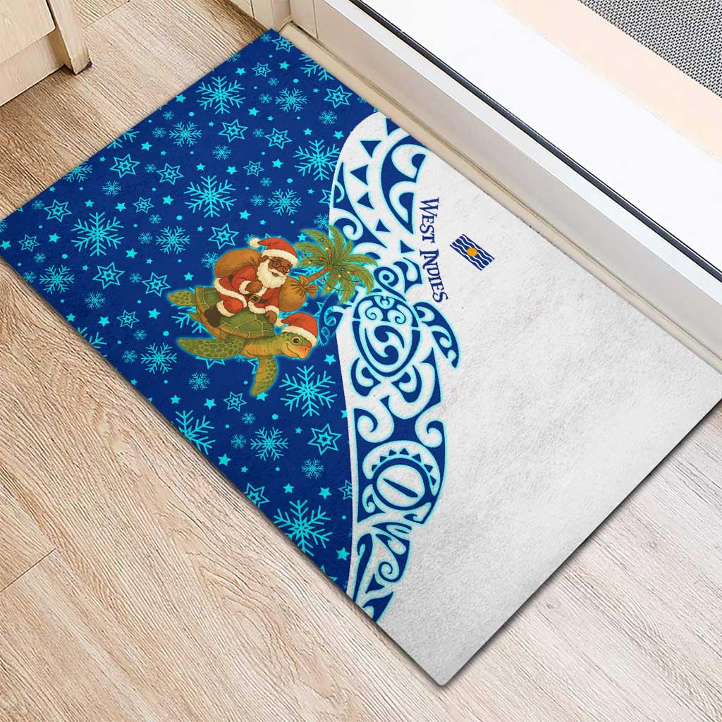West Indies Christmas Rubber Doormat with Santa Riding Turtle Palm Tree and Tribal Snowflake Design - Wonder Print Shop