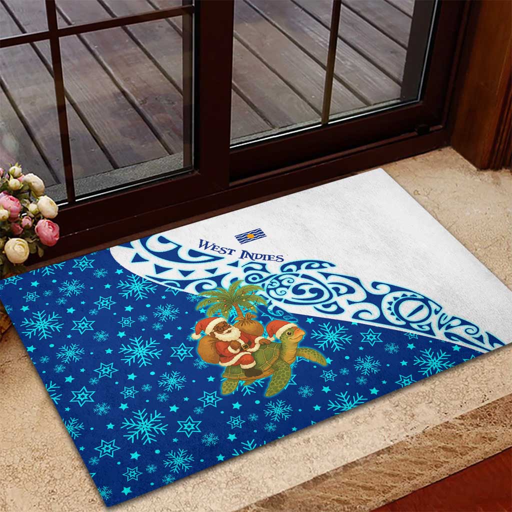 West Indies Christmas Rubber Doormat with Santa Riding Turtle Palm Tree and Tribal Snowflake Design - Wonder Print Shop