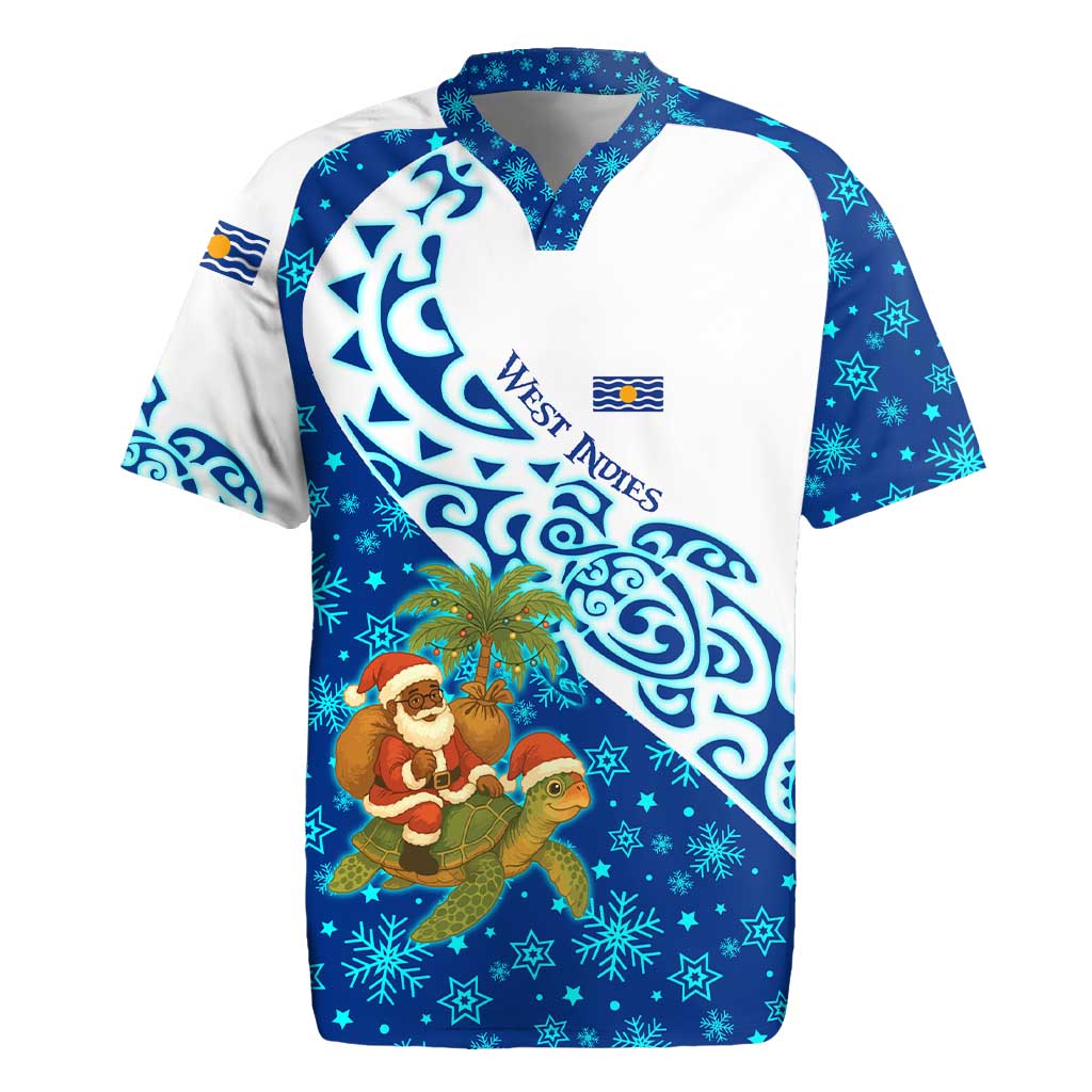 West Indies Christmas Rugby Jersey with Santa Riding Turtle Palm Tree and Tribal Snowflake Design - Wonder Print Shop