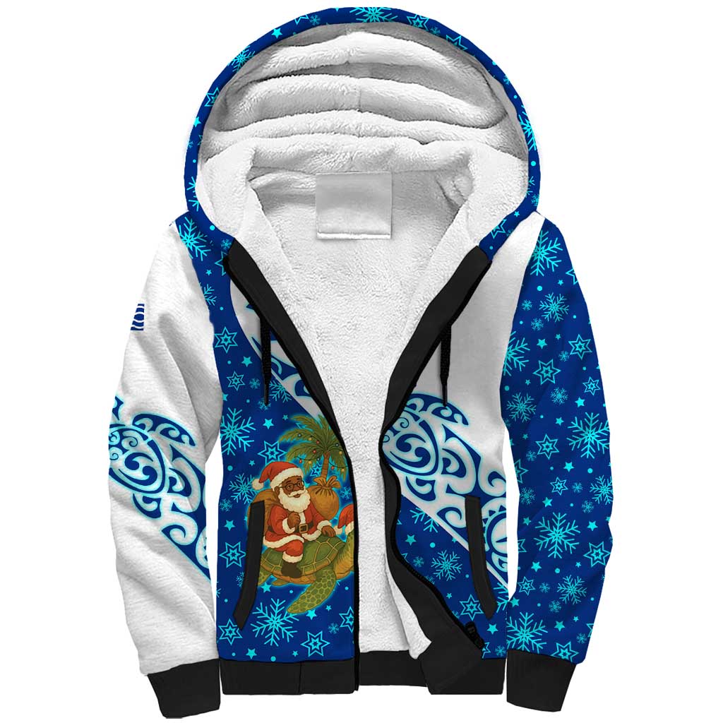 West Indies Christmas Sherpa Hoodie with Santa Riding Turtle Palm Tree and Tribal Snowflake Design - Wonder Print Shop