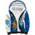 West Indies Christmas Sherpa Hoodie with Santa Riding Turtle Palm Tree and Tribal Snowflake Design - Wonder Print Shop