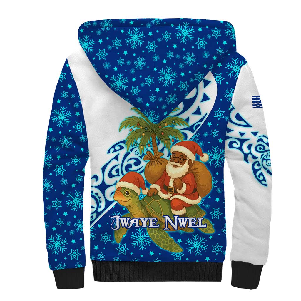 West Indies Christmas Sherpa Hoodie with Santa Riding Turtle Palm Tree and Tribal Snowflake Design - Wonder Print Shop