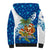 West Indies Christmas Sherpa Hoodie with Santa Riding Turtle Palm Tree and Tribal Snowflake Design - Wonder Print Shop