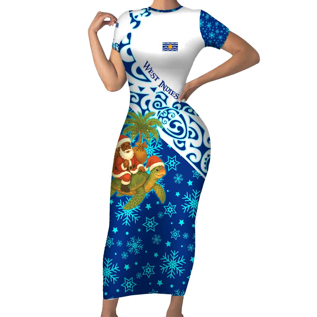 West Indies Christmas Short Sleeve Bodycon Dress with Santa Riding Turtle Palm Tree and Tribal Snowflake Design - Wonder Print Shop