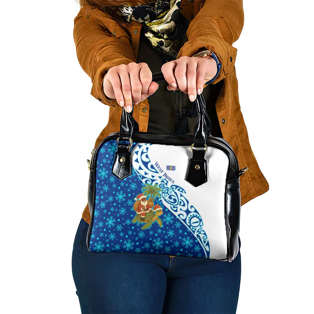 West Indies Christmas Shoulder Handbag with Santa Riding Turtle Palm Tree and Tribal Snowflake Design - Wonder Print Shop
