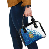 West Indies Christmas Shoulder Handbag with Santa Riding Turtle Palm Tree and Tribal Snowflake Design - Wonder Print Shop