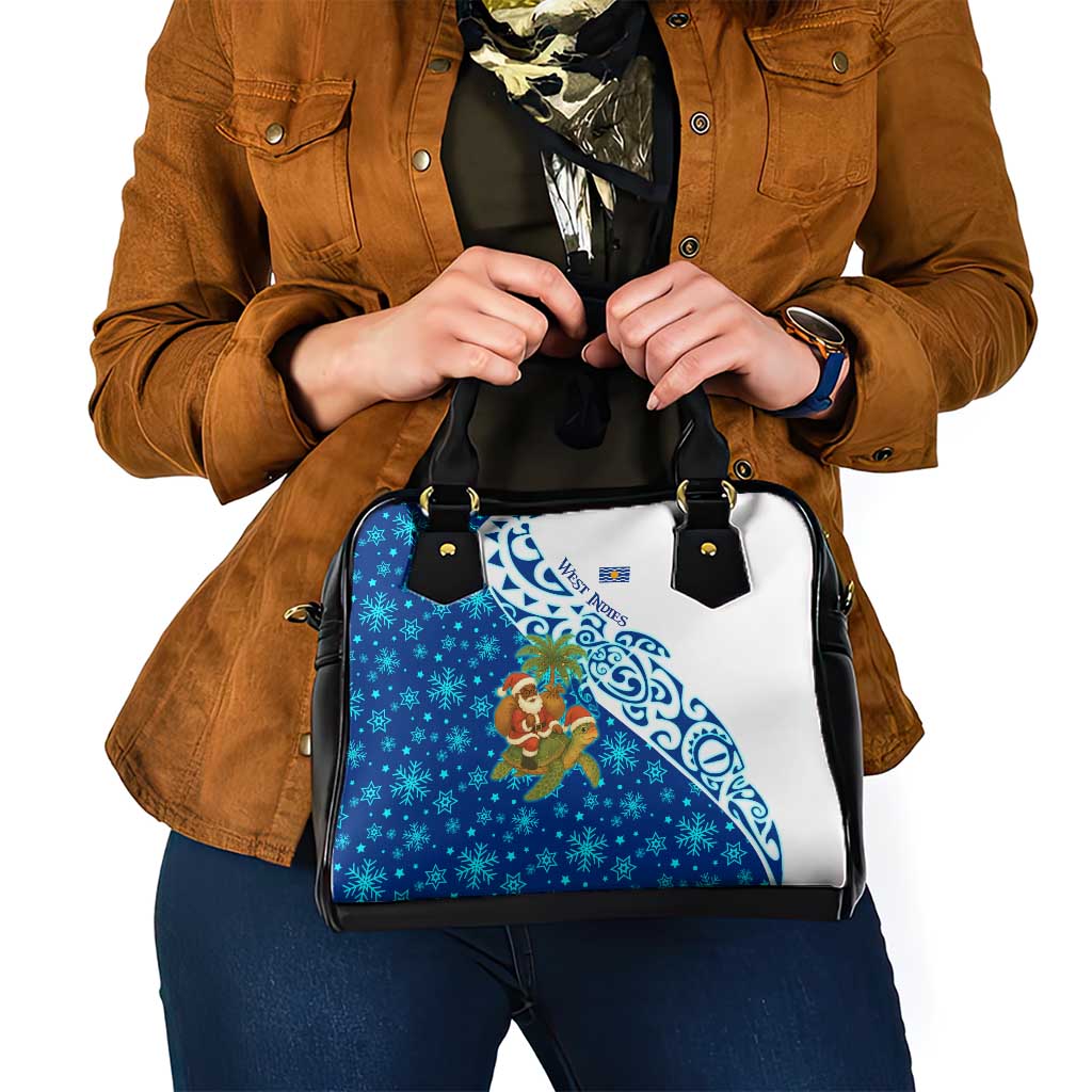 West Indies Christmas Shoulder Handbag with Santa Riding Turtle Palm Tree and Tribal Snowflake Design - Wonder Print Shop