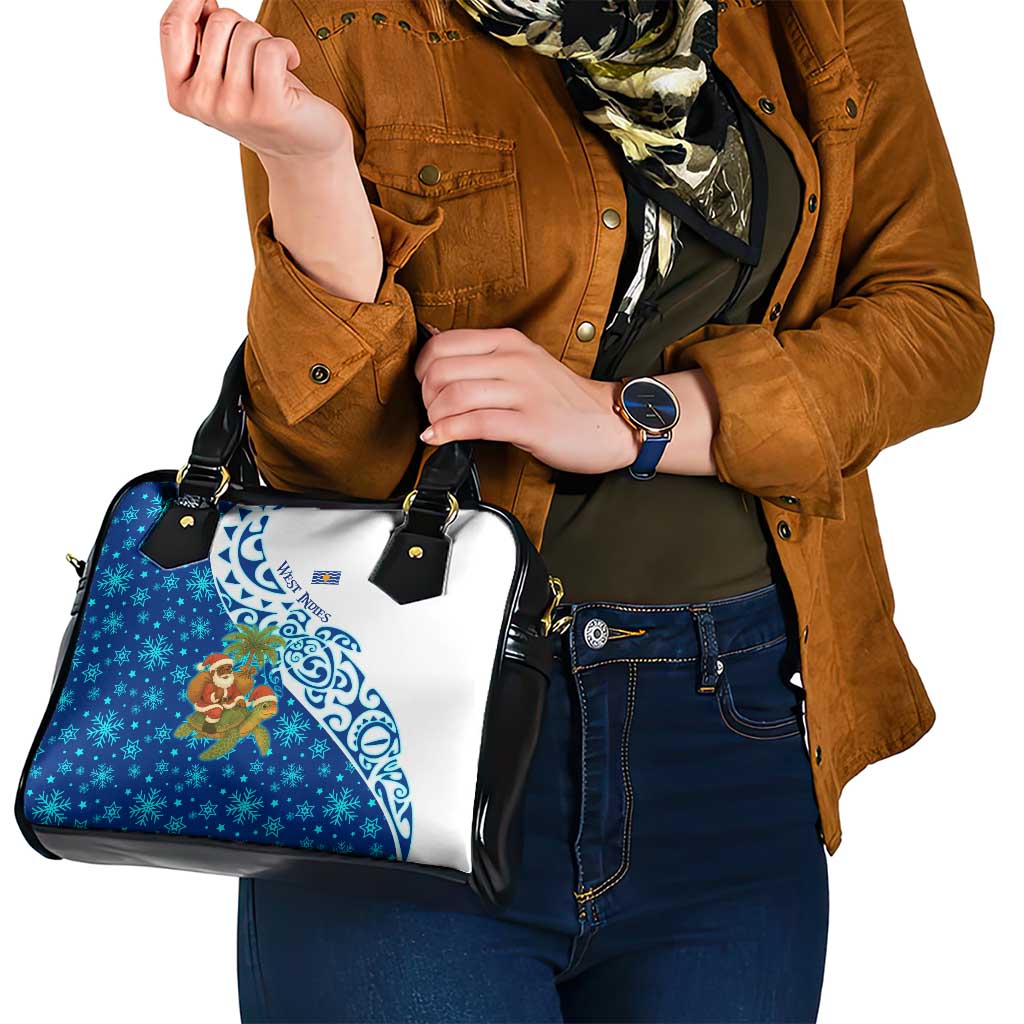West Indies Christmas Shoulder Handbag with Santa Riding Turtle Palm Tree and Tribal Snowflake Design - Wonder Print Shop