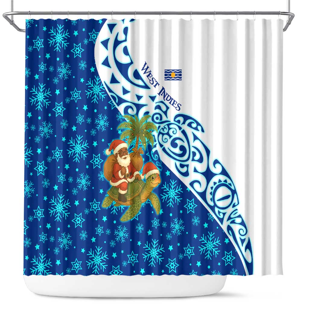 West Indies Christmas Shower Curtain with Santa Riding Turtle Palm Tree and Tribal Snowflake Design - Wonder Print Shop