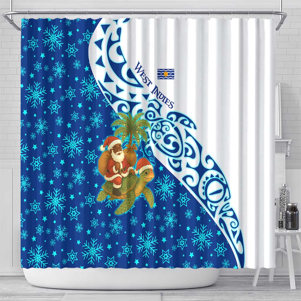 West Indies Christmas Shower Curtain with Santa Riding Turtle Palm Tree and Tribal Snowflake Design - Wonder Print Shop