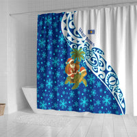 West Indies Christmas Shower Curtain with Santa Riding Turtle Palm Tree and Tribal Snowflake Design - Wonder Print Shop