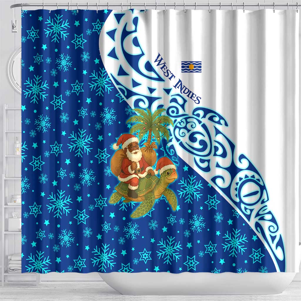 West Indies Christmas Shower Curtain with Santa Riding Turtle Palm Tree and Tribal Snowflake Design - Wonder Print Shop