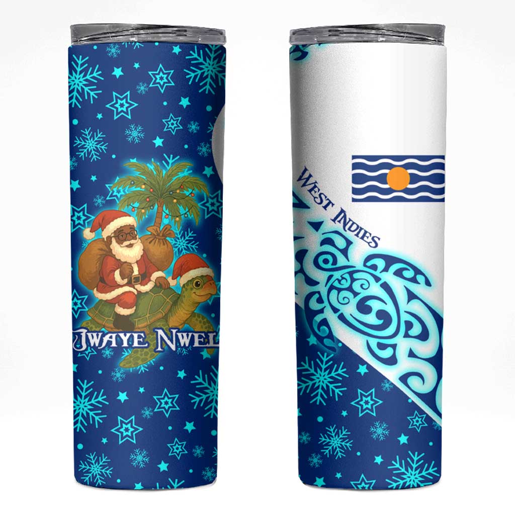 West Indies Christmas Skinny Tumbler with Santa Riding Turtle Palm Tree and Tribal Snowflake Design - Wonder Print Shop