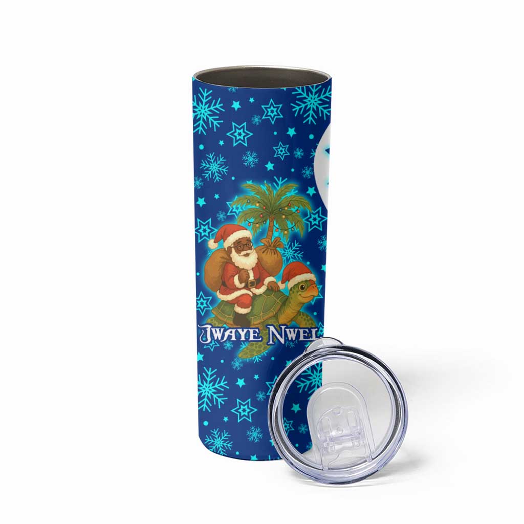 West Indies Christmas Skinny Tumbler with Santa Riding Turtle Palm Tree and Tribal Snowflake Design - Wonder Print Shop