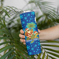 West Indies Christmas Skinny Tumbler with Santa Riding Turtle Palm Tree and Tribal Snowflake Design - Wonder Print Shop