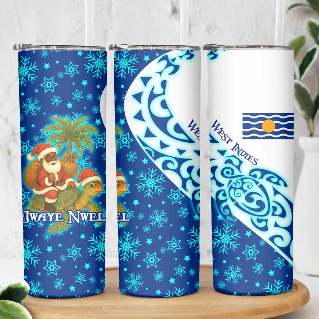 West Indies Christmas Skinny Tumbler with Santa Riding Turtle Palm Tree and Tribal Snowflake Design - Wonder Print Shop