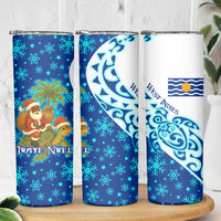 West Indies Christmas Skinny Tumbler with Santa Riding Turtle Palm Tree and Tribal Snowflake Design - Wonder Print Shop