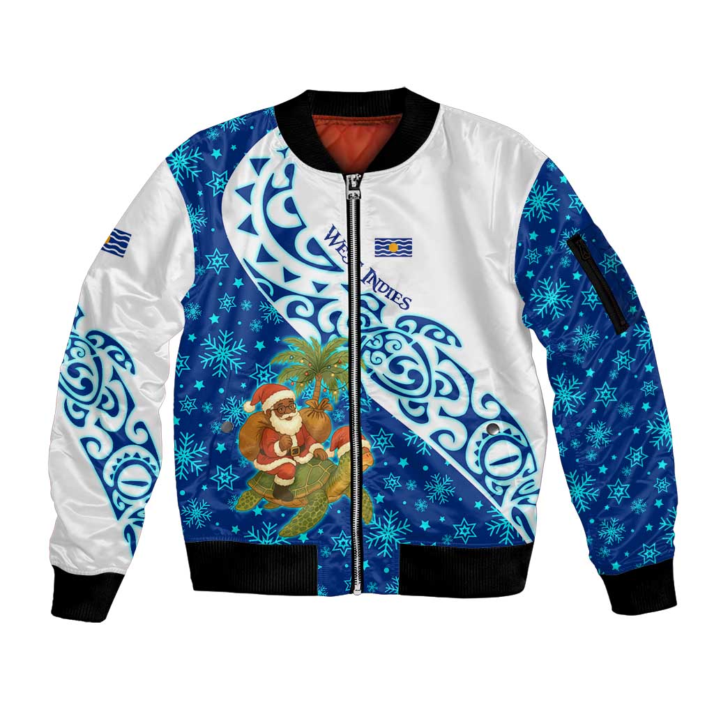 West Indies Christmas Sleeve Zip Bomber Jacket with Santa Riding Turtle Palm Tree and Tribal Snowflake Design - Wonder Print Shop