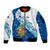 West Indies Christmas Sleeve Zip Bomber Jacket with Santa Riding Turtle Palm Tree and Tribal Snowflake Design - Wonder Print Shop