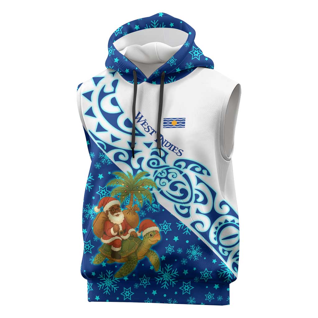 West Indies Christmas Sleeveless Hoodie with Santa Riding Turtle Palm Tree and Tribal Snowflake Design - Wonder Print Shop