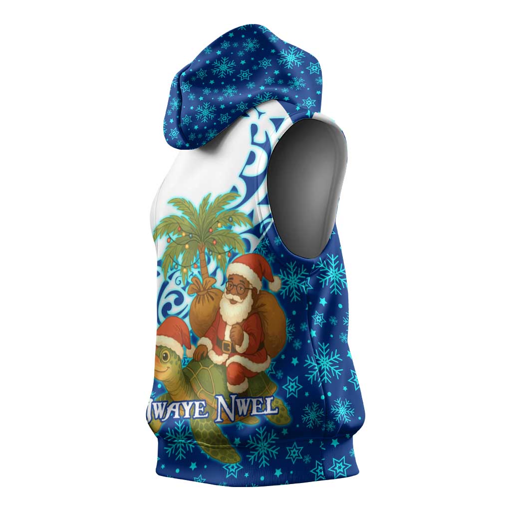 West Indies Christmas Sleeveless Hoodie with Santa Riding Turtle Palm Tree and Tribal Snowflake Design - Wonder Print Shop