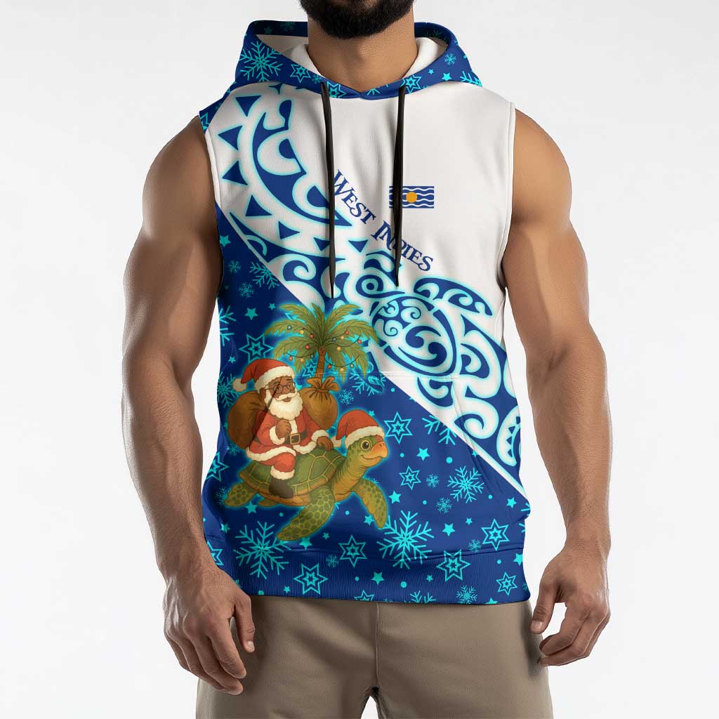 West Indies Christmas Sleeveless Hoodie with Santa Riding Turtle Palm Tree and Tribal Snowflake Design - Wonder Print Shop