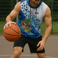 West Indies Christmas Sleeveless Hoodie with Santa Riding Turtle Palm Tree and Tribal Snowflake Design - Wonder Print Shop