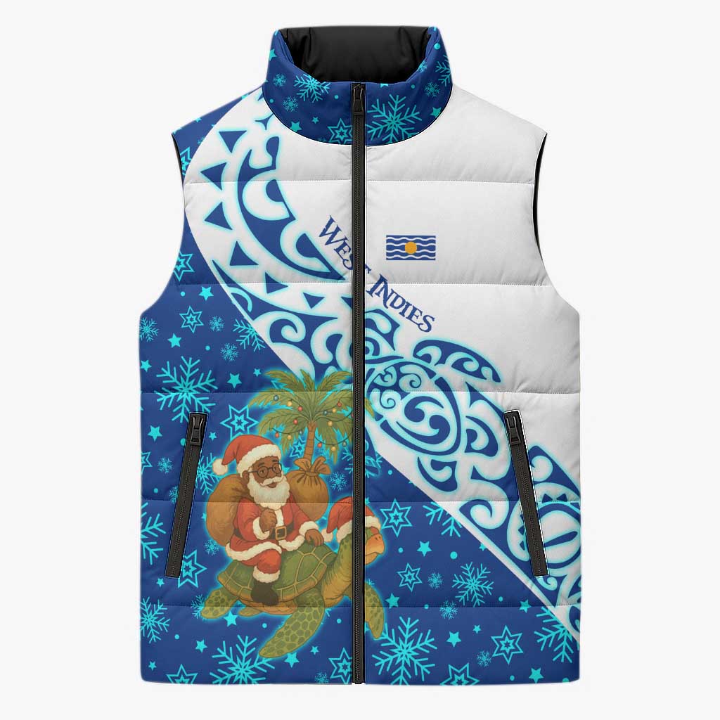 West Indies Christmas Sleeveless Puffer Jacket with Santa Riding Turtle Palm Tree and Tribal Snowflake Design - Wonder Print Shop