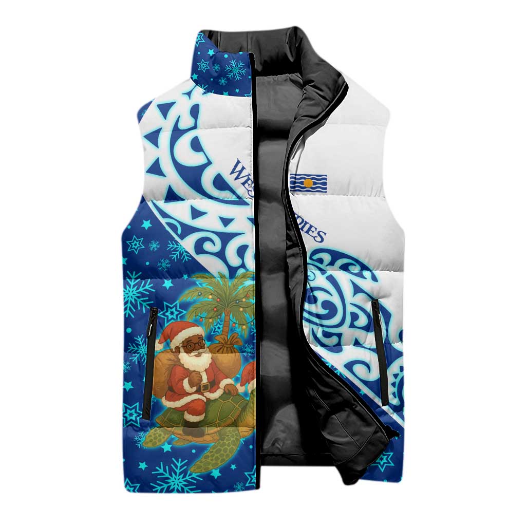 West Indies Christmas Sleeveless Puffer Jacket with Santa Riding Turtle Palm Tree and Tribal Snowflake Design - Wonder Print Shop