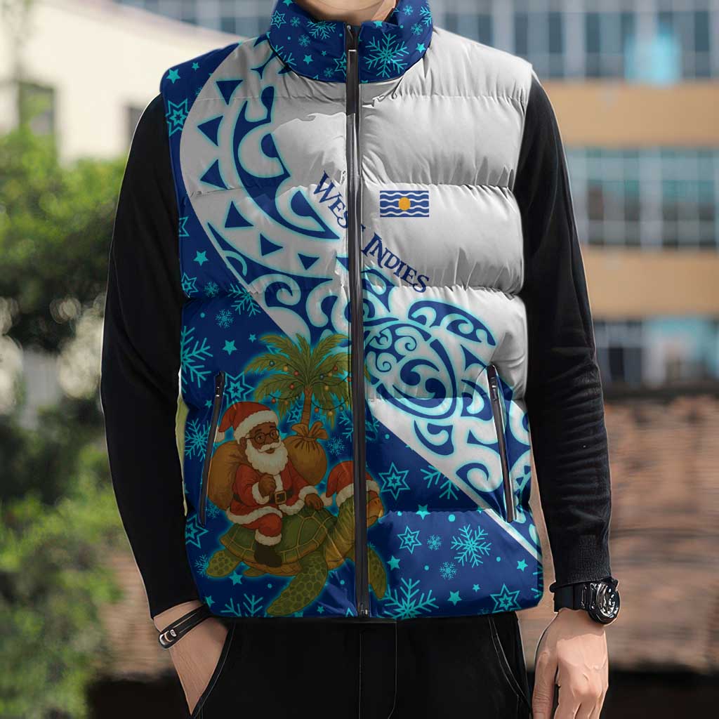 West Indies Christmas Sleeveless Puffer Jacket with Santa Riding Turtle Palm Tree and Tribal Snowflake Design - Wonder Print Shop