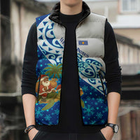 West Indies Christmas Sleeveless Puffer Jacket with Santa Riding Turtle Palm Tree and Tribal Snowflake Design - Wonder Print Shop