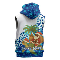 West Indies Christmas Sleeveless Zip Hoodie with Santa Riding Turtle Palm Tree and Tribal Snowflake Design - Wonder Print Shop