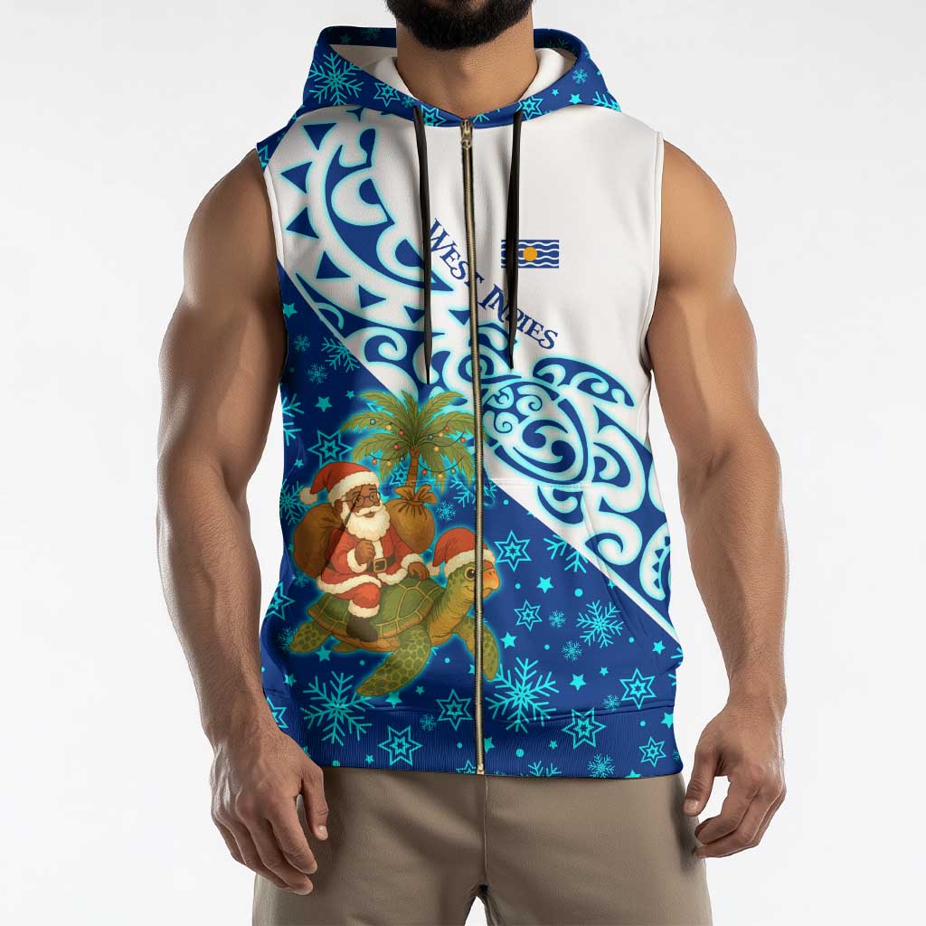 West Indies Christmas Sleeveless Zip Hoodie with Santa Riding Turtle Palm Tree and Tribal Snowflake Design - Wonder Print Shop