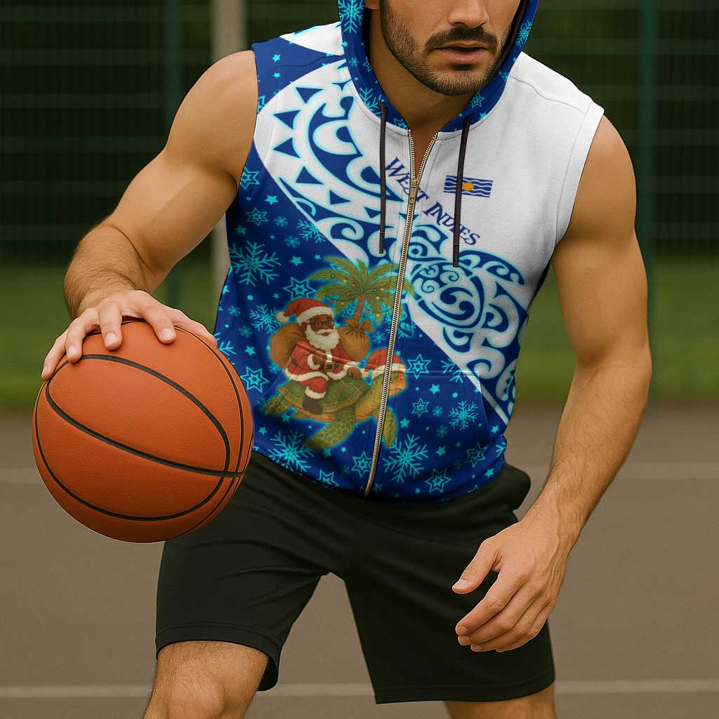 West Indies Christmas Sleeveless Zip Hoodie with Santa Riding Turtle Palm Tree and Tribal Snowflake Design - Wonder Print Shop