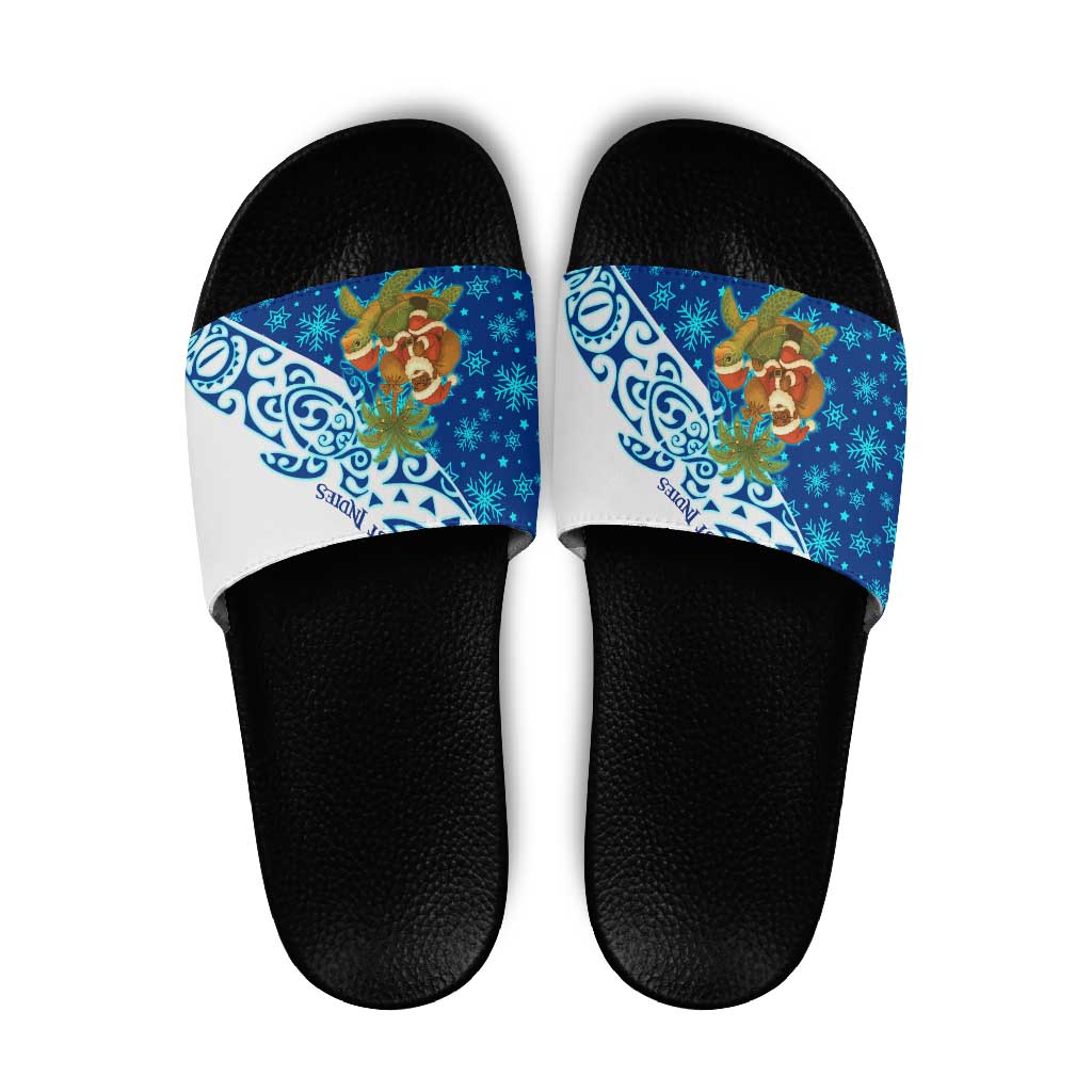 West Indies Christmas Slide Sandals with Santa Riding Turtle Palm Tree and Tribal Snowflake Design - Wonder Print Shop