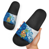 West Indies Christmas Slide Sandals with Santa Riding Turtle Palm Tree and Tribal Snowflake Design - Wonder Print Shop