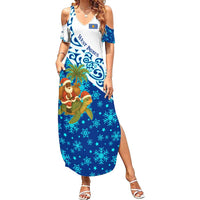 West Indies Christmas Summer Maxi Dress with Santa Riding Turtle Palm Tree and Tribal Snowflake Design - Wonder Print Shop