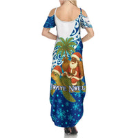 West Indies Christmas Summer Maxi Dress with Santa Riding Turtle Palm Tree and Tribal Snowflake Design - Wonder Print Shop