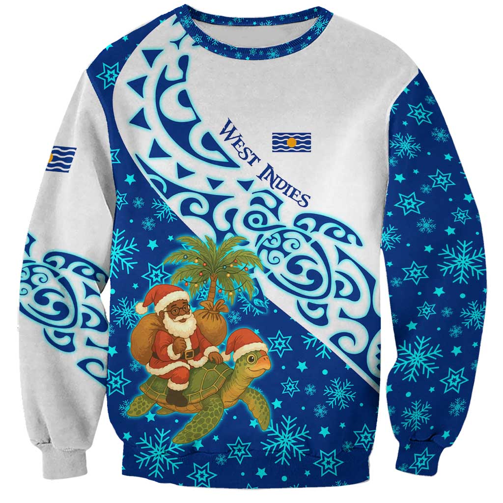 West Indies Christmas Sweatshirt with Santa Riding Turtle Palm Tree and Tribal Snowflake Design - Wonder Print Shop