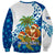 West Indies Christmas Sweatshirt with Santa Riding Turtle Palm Tree and Tribal Snowflake Design - Wonder Print Shop