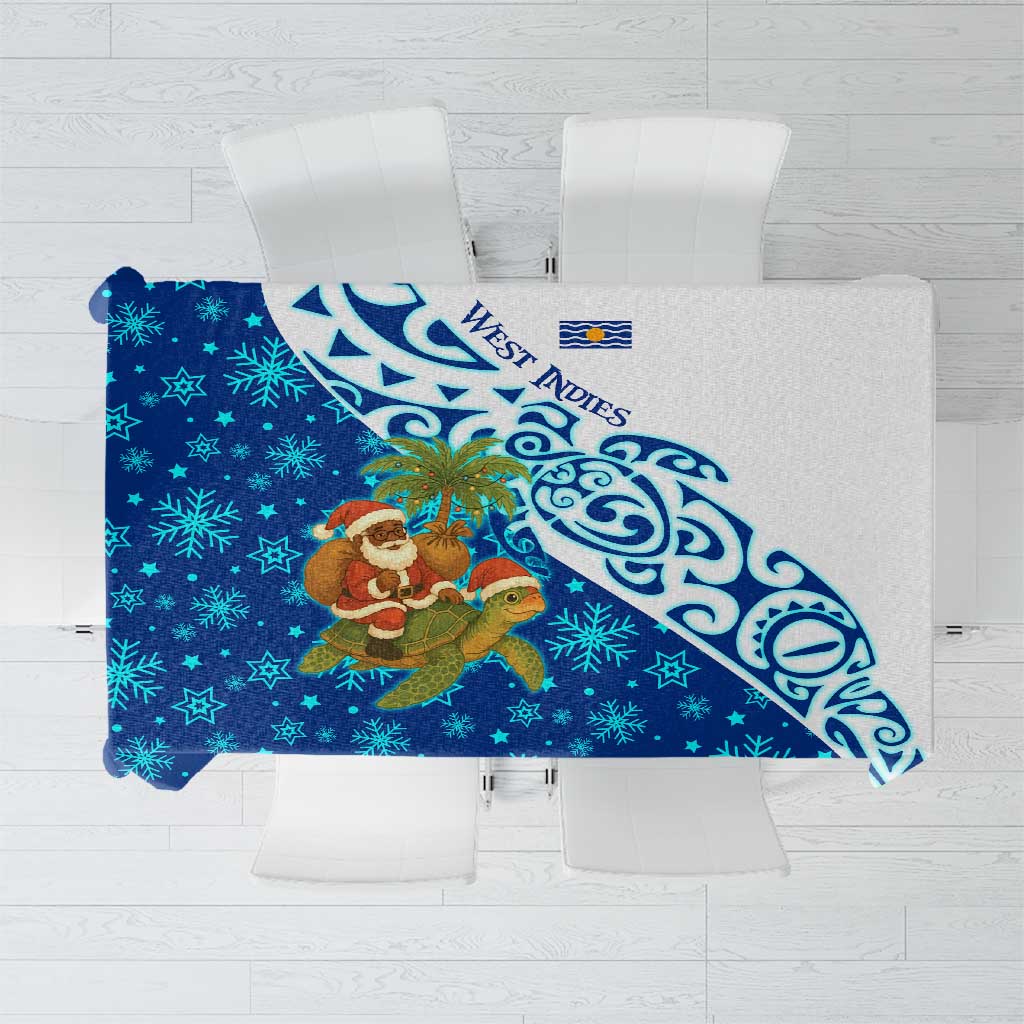 West Indies Christmas Tablecloth with Santa Riding Turtle Palm Tree and Tribal Snowflake Design - Wonder Print Shop