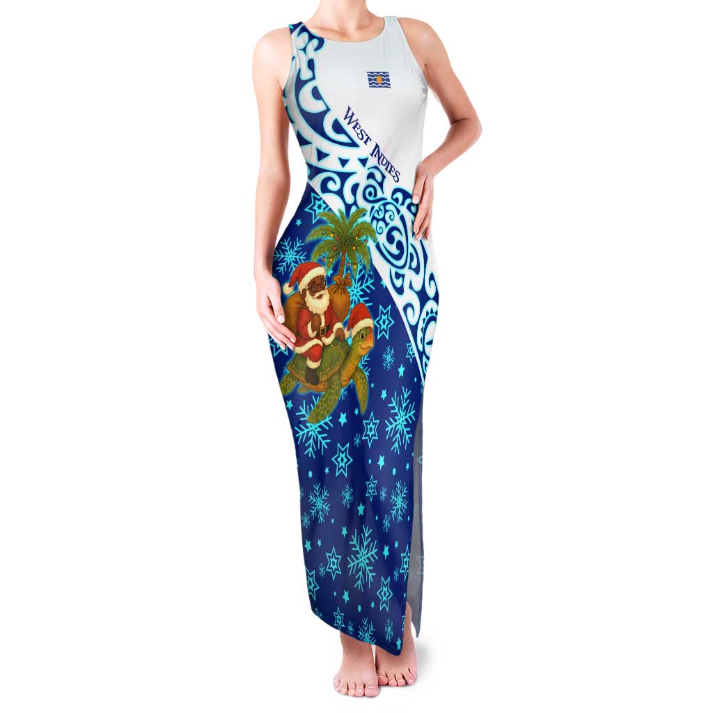 West Indies Christmas Tank Maxi Dress with Santa Riding Turtle Palm Tree and Tribal Snowflake Design - Wonder Print Shop