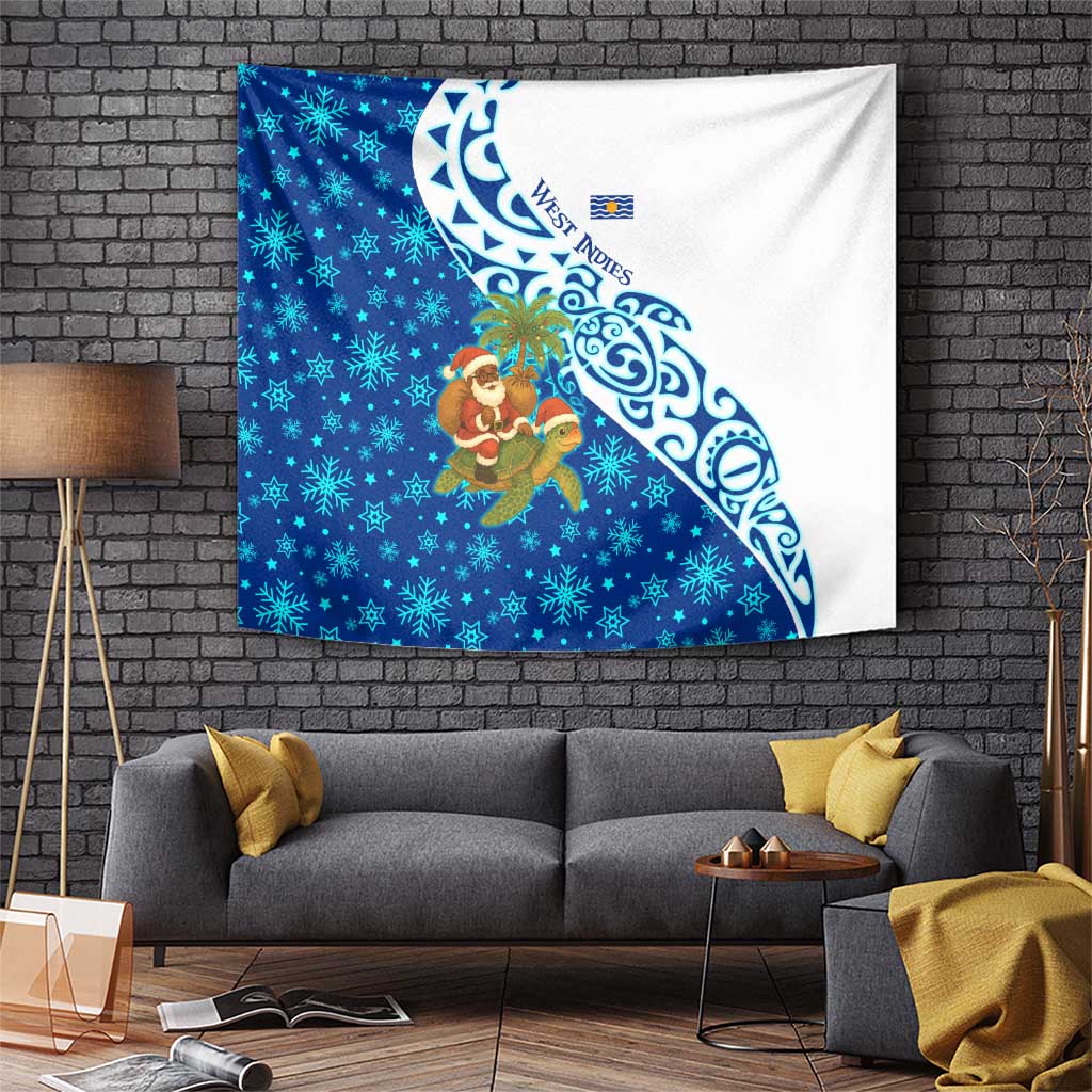West Indies Christmas Tapestry with Santa Riding Turtle Palm Tree and Tribal Snowflake Design - Wonder Print Shop